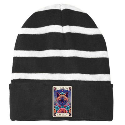 Childless Cat Lady Tarot Card Gift Striped Beanie with Solid Band