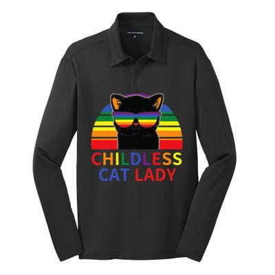 Childless Cat Lady Lgbt Flag Political Voting Election 2024 Gift Silk Touch Performance Long Sleeve Polo