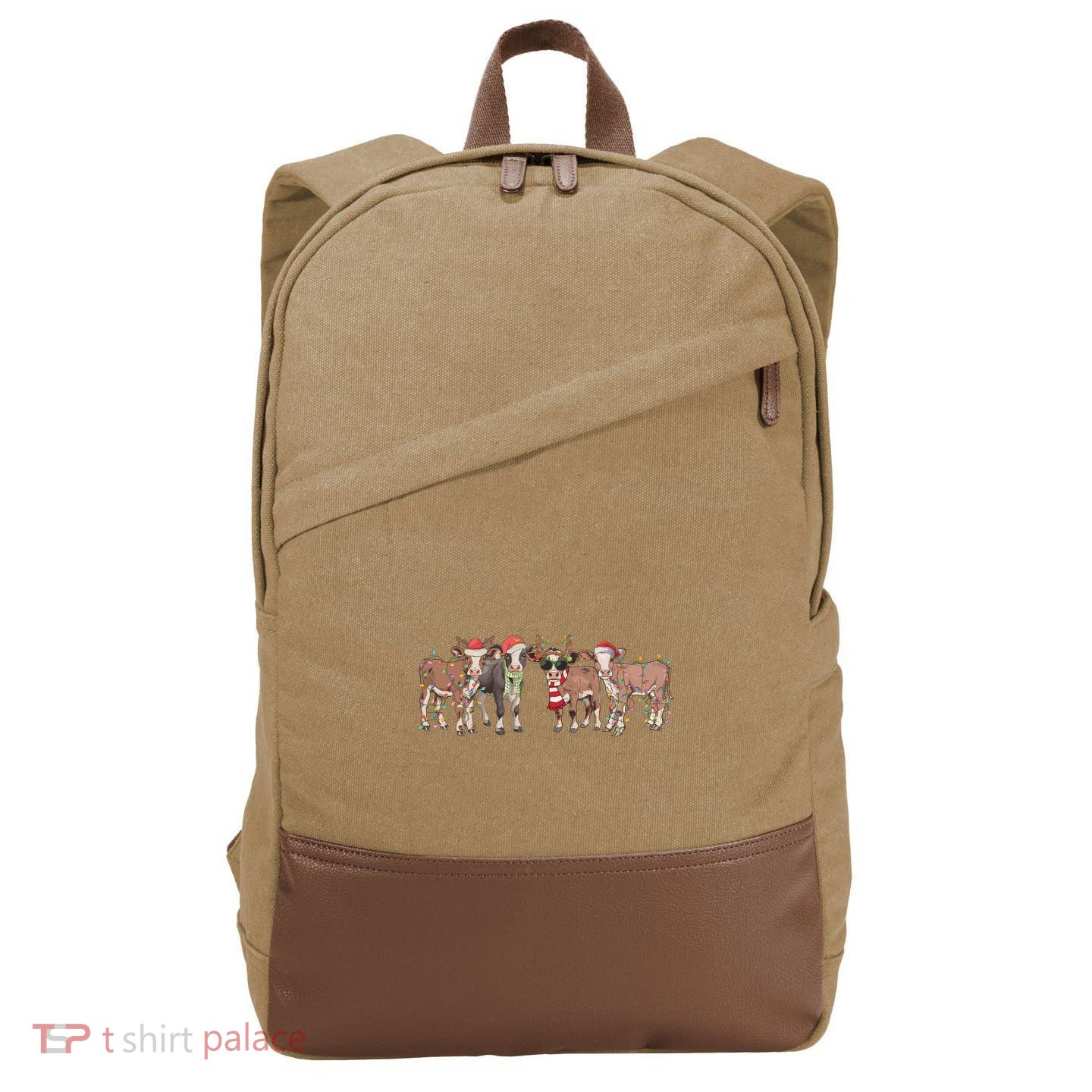 Cow Christmas Light Mooey Christmas Farm Animal Cotton Canvas Backpack