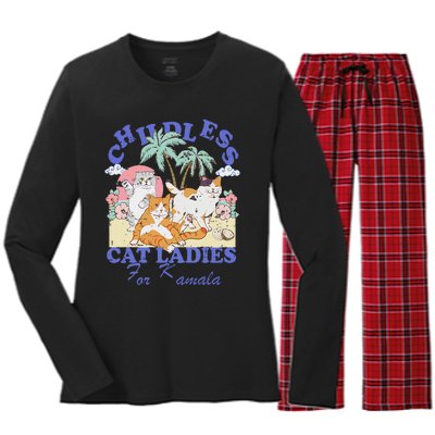 Childless Cat Lady For Kamala Harris 2024 Election Funny Cat Love Women's Long Sleeve Flannel Pajama Set 