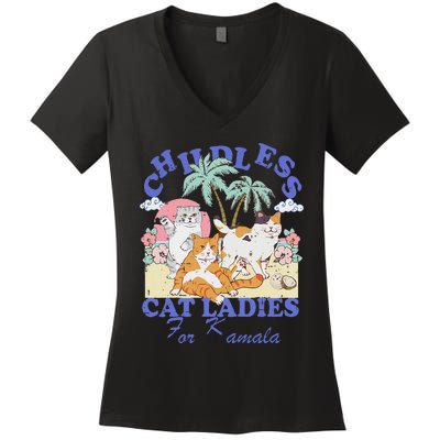 Childless Cat Lady For Kamala Harris 2024 Election Funny Cat Love Women's V-Neck T-Shirt