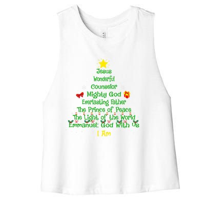 Christian Christmas Lover Bible Names Of Jesus Tree Xmas Gift Women's Racerback Cropped Tank