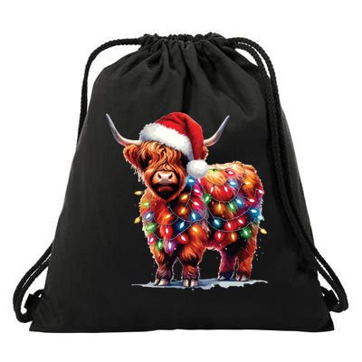 Christmas Cow Lights Cow Lover Xmas Drawstring Bag