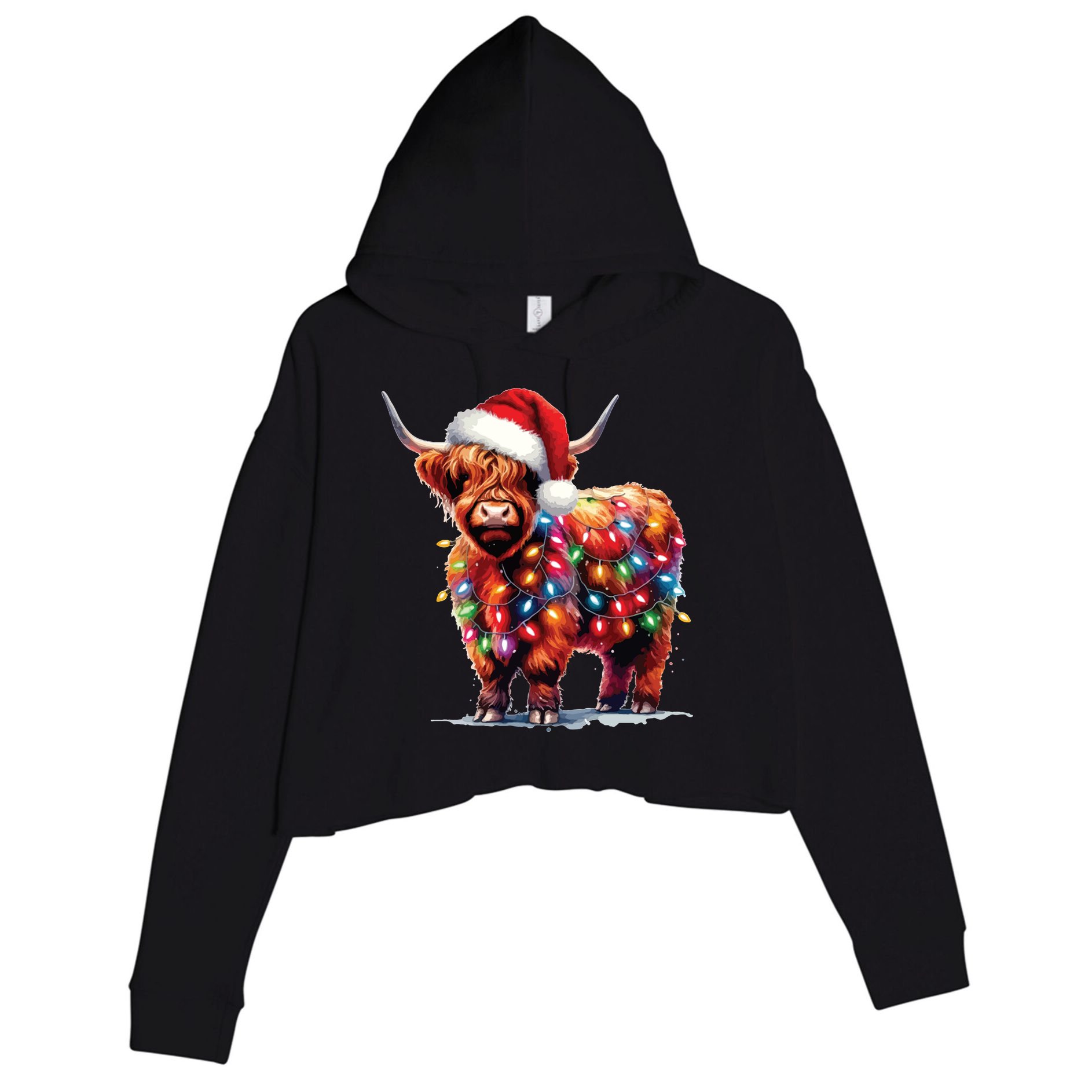 Christmas Cow Lights Cow Lover Xmas Crop Fleece Hoodie