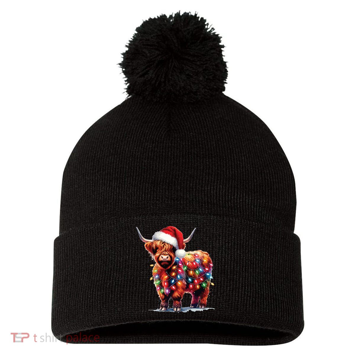 Christmas Cow Lights Cow Lover Xmas Pom Pom 12in Knit Beanie