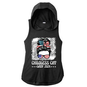 Childless Cat Lady 2024 Groovy Messy Bun American Flag Ladies PosiCharge Tri-Blend Wicking Draft Hoodie Tank