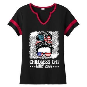 Childless Cat Lady 2024 Groovy Messy Bun American Flag Ladies Halftime Notch Neck Tee