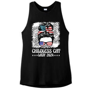 Childless Cat Lady 2024 Groovy Messy Bun American Flag Ladies PosiCharge Tri-Blend Wicking Tank