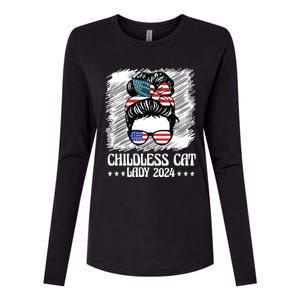 Childless Cat Lady 2024 Groovy Messy Bun American Flag Womens Cotton Relaxed Long Sleeve T-Shirt