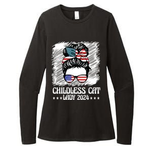 Childless Cat Lady 2024 Groovy Messy Bun American Flag Womens CVC Long Sleeve Shirt