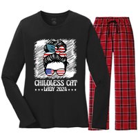 Childless Cat Lady 2024 Groovy Messy Bun American Flag Women's Long Sleeve Flannel Pajama Set 