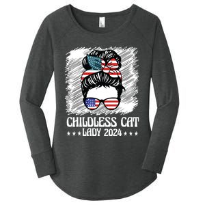 Childless Cat Lady 2024 Groovy Messy Bun American Flag Women's Perfect Tri Tunic Long Sleeve Shirt