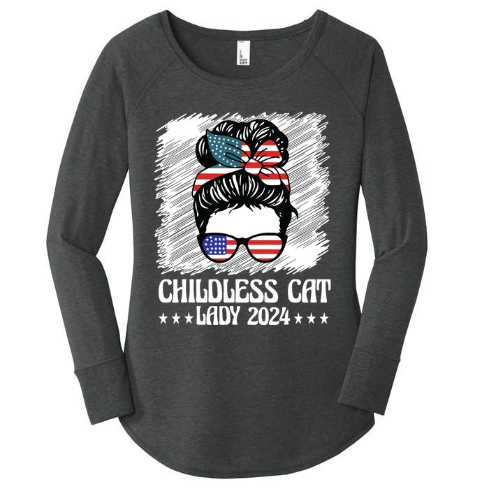 Childless Cat Lady 2024 Groovy Messy Bun American Flag Women's Perfect Tri Tunic Long Sleeve Shirt