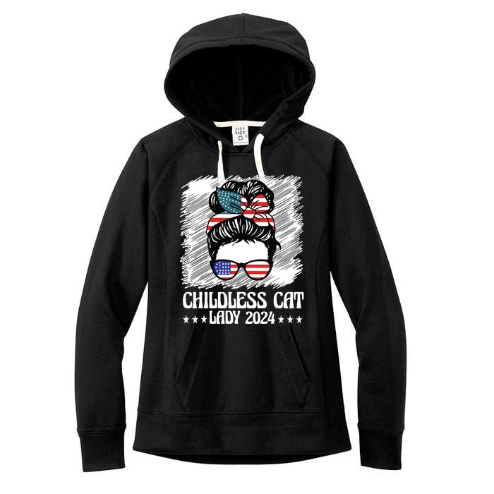 Childless Cat Lady 2024 Groovy Messy Bun American Flag Women's Fleece Hoodie