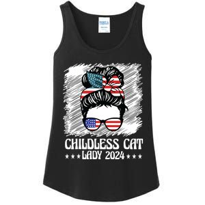 Childless Cat Lady 2024 Groovy Messy Bun American Flag Ladies Essential Tank