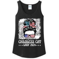 Childless Cat Lady 2024 Groovy Messy Bun American Flag Ladies Essential Tank