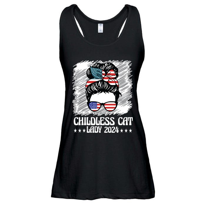 Childless Cat Lady 2024 Groovy Messy Bun American Flag Ladies Essential Flowy Tank