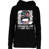 Childless Cat Lady 2024 Groovy Messy Bun American Flag Womens Funnel Neck Pullover Hood