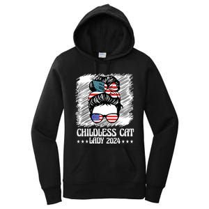 Childless Cat Lady 2024 Groovy Messy Bun American Flag Women's Pullover Hoodie