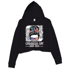 Childless Cat Lady 2024 Groovy Messy Bun American Flag Crop Fleece Hoodie