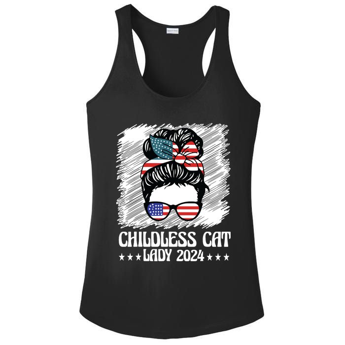 Childless Cat Lady 2024 Groovy Messy Bun American Flag Ladies PosiCharge Competitor Racerback Tank