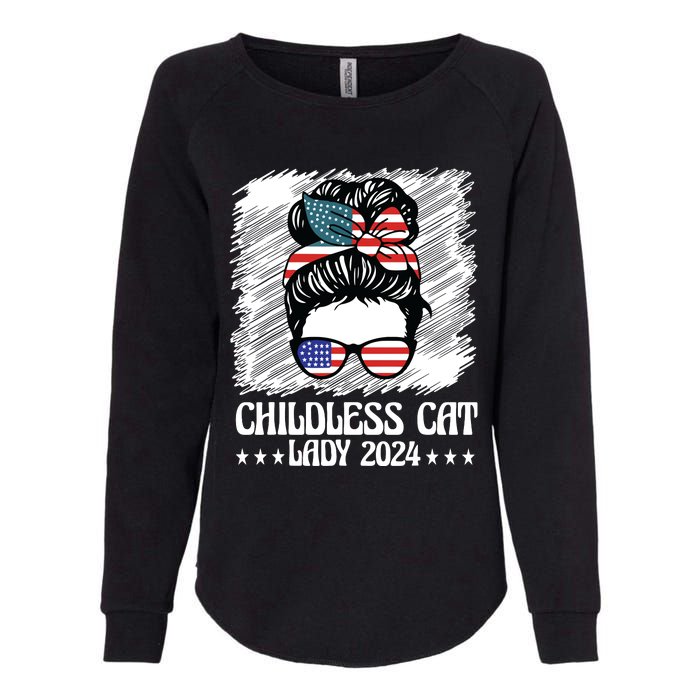 Childless Cat Lady 2024 Groovy Messy Bun American Flag Womens California Wash Sweatshirt