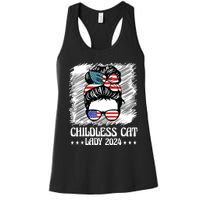 Childless Cat Lady 2024 Groovy Messy Bun American Flag Women's Racerback Tank