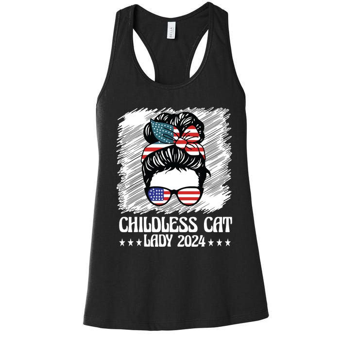 Childless Cat Lady 2024 Groovy Messy Bun American Flag Women's Racerback Tank