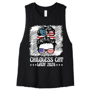 Childless Cat Lady 2024 Groovy Messy Bun American Flag Women's Racerback Cropped Tank