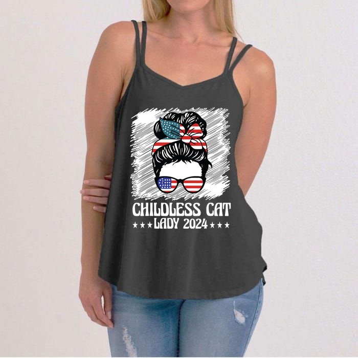 Childless Cat Lady 2024 Groovy Messy Bun American Flag Women's Strappy Tank