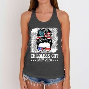 Childless Cat Lady 2024 Groovy Messy Bun American Flag Women's Knotted Racerback Tank