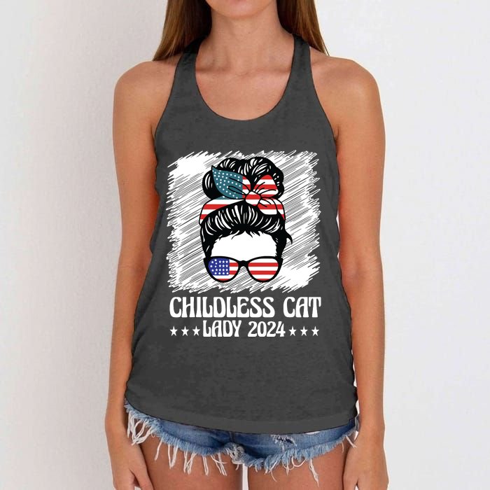 Childless Cat Lady 2024 Groovy Messy Bun American Flag Women's Knotted Racerback Tank