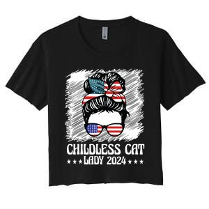 Childless Cat Lady 2024 Groovy Messy Bun American Flag Women's Crop Top Tee