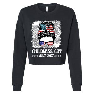 Childless Cat Lady 2024 Groovy Messy Bun American Flag Cropped Pullover Crew