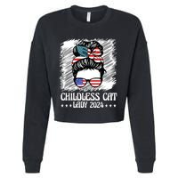 Childless Cat Lady 2024 Groovy Messy Bun American Flag Cropped Pullover Crew