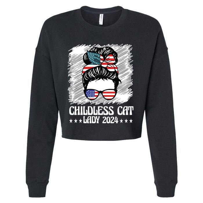 Childless Cat Lady 2024 Groovy Messy Bun American Flag Cropped Pullover Crew