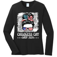 Childless Cat Lady 2024 Groovy Messy Bun American Flag Ladies Long Sleeve Shirt