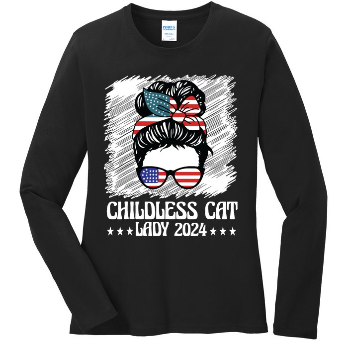 Childless Cat Lady 2024 Groovy Messy Bun American Flag Ladies Long Sleeve Shirt