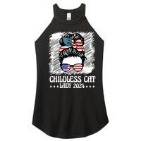 Childless Cat Lady 2024 Groovy Messy Bun American Flag Women's Perfect Tri Rocker Tank