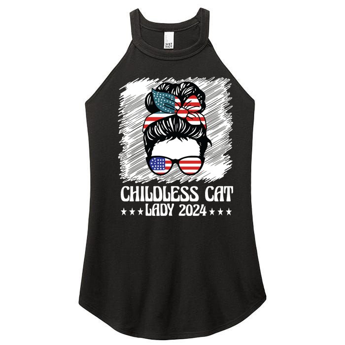 Childless Cat Lady 2024 Groovy Messy Bun American Flag Women's Perfect Tri Rocker Tank