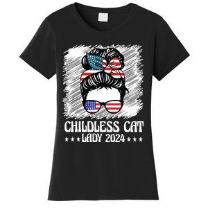 Childless Cat Lady 2024 Groovy Messy Bun American Flag Women's T-Shirt