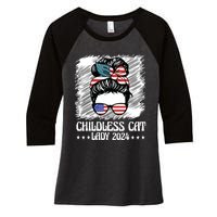 Childless Cat Lady 2024 Groovy Messy Bun American Flag Women's Tri-Blend 3/4-Sleeve Raglan Shirt