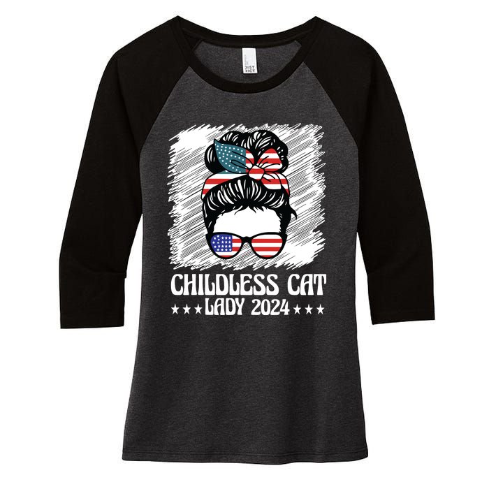 Childless Cat Lady 2024 Groovy Messy Bun American Flag Women's Tri-Blend 3/4-Sleeve Raglan Shirt