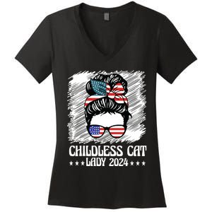 Childless Cat Lady 2024 Groovy Messy Bun American Flag Women's V-Neck T-Shirt