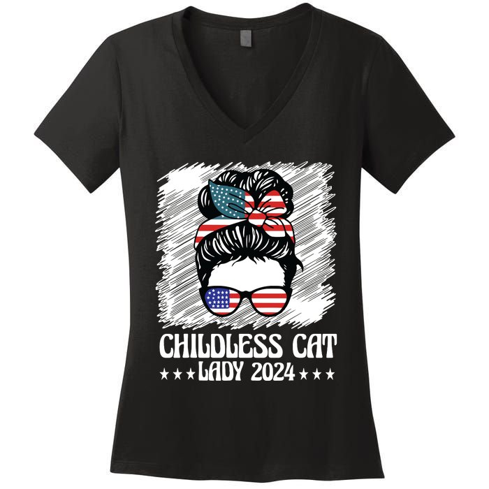 Childless Cat Lady 2024 Groovy Messy Bun American Flag Women's V-Neck T-Shirt