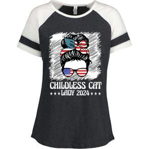 Childless Cat Lady 2024 Groovy Messy Bun American Flag Enza Ladies Jersey Colorblock Tee