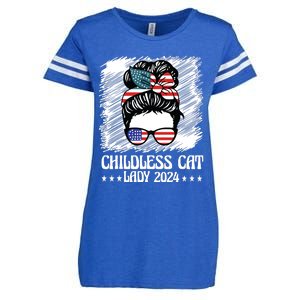 Childless Cat Lady 2024 Groovy Messy Bun American Flag Enza Ladies Jersey Football T-Shirt