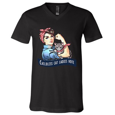 Childless Cat Ladies Vote Rosie The Riveter Election 2024 Gift V-Neck T-Shirt