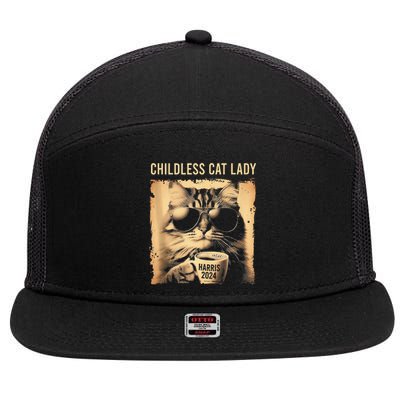 Childless Cat Lady Vintage Coffee Cat Gift 7 Panel Mesh Trucker Snapback Hat