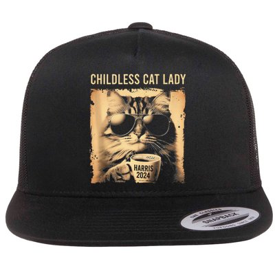 Childless Cat Lady Vintage Coffee Cat Gift Flat Bill Trucker Hat